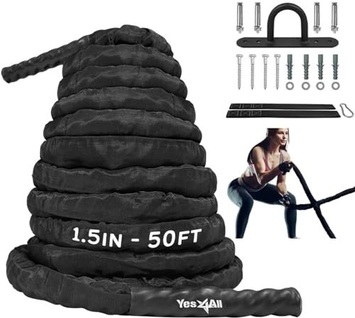 Yes4All Unisex-Erwachsene NVLS Strap-50ft Battle Rope Fitnessseil 1,5 Breite, Mit Schutzhülle-Anker, 38mm-15m