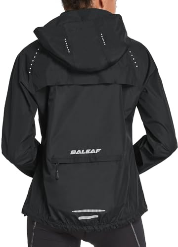 baleaf Women's Rain Jackets Waterproof Windbreaker Windproof Lightweight Running Cycling Jackets Reflective Packable Hooded Black M