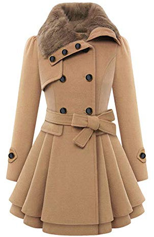 EFOFEI Damen Winter Fashion Duffle Mantel mit Pelzkragen Faux Fur Reverskragen Zweireiher Knopf Dick Wollmischung Gefaltet Saum Trench Mantel Kleid Jacke mit Gürtel Braun S