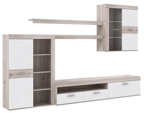 FORTE Paul Wohnwand mit 3 Türen, 1 Glastür und 2 Schubkaesten, Holzwerkstoff, Sandeiche + Weiß, 201 x 300 x 41 cm