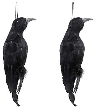 SMLJFO 2 Stück 40,6 cm realistische hängende Tote Krähen Lockvogel, extra große Schwarze gefiederte Krähen realistische Schrecken Krähe künstliche Vogel Halloween Rabe Requisiten Dekorationen