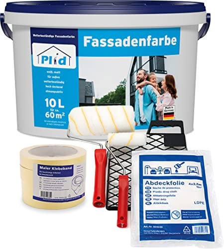 Plid® - Fassadenfarbe Außen [WETTER & UV-BESTÄNDIG]- Hochwertige Farbe für Mauerwerk, Hauswand, Beton & Kellerwand - Sockelfarbe - Mauerfarbe - Wandfarbe Weiß & Grau - Made in Germany (10l - Set)