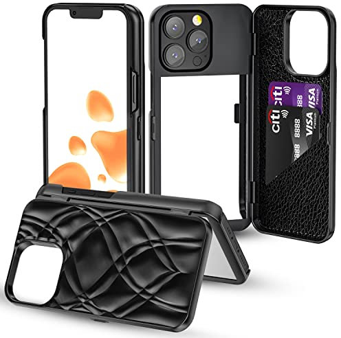 W7ETBEN iPhone 13 Pro Max Wallet Case, iPhone 13 Pro Max Case with Kickstand Built-in Mirror Shockproof Card Holder Cover for Apple iPhone 13 Pro Max (2021) 6.7 Inch (Black)