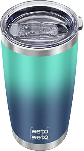WETOWETO Vaso aislado de acero inoxidable de 20 onzas, vaso de café, taza a prueba de fugas con recubrimiento en polvo para viajes en casa y oficina (degradado verde-azul, 1 paquete)