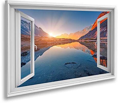 islandburner Bild auf Leinwand Fensterblick Wunderschöne Landschaft mit hohen Bergen mit beleuchteten Gipfeln Steine im Bergsee Spiegelung Bl Sagenhafter Effekt Wandbild Leinwandbild XDIN