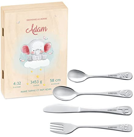 Maverton Set de couverts enfant personnalisé pour garçon - Coutellerie et coffret imprimé - Cadeau Enfant Thème Animal - Cadeau naissance garcon - Cadeau Personnalisé bébé - Couverts gravés