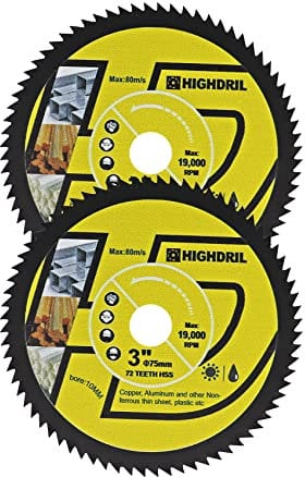 HIGHDRIL HSS Kreissägeblatt – 2 Stück 75 mm 72T 10 mm Bohrung Trennscheiben für Holz, Kupfer, Aluminium, Kunststoff und weiches Metall