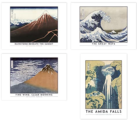 Wee Blue Coo Classic Paintings Hokusai Mount Fuji Great Wave Amida Falls Rainstorm Summit Fine Wind Clear Morning A4 Poster Pack of 4 Wall Art
