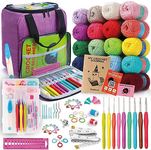 Craftwiz Häkelset für Anfänger – Lernen Sie schnell und bleiben Sie organisiert mit 20 Garnknäueln, 9 Haken, Organizer-Tasche und Häkelbuch – perfektes Starter-Set für Erwachsene und Jugendliche
