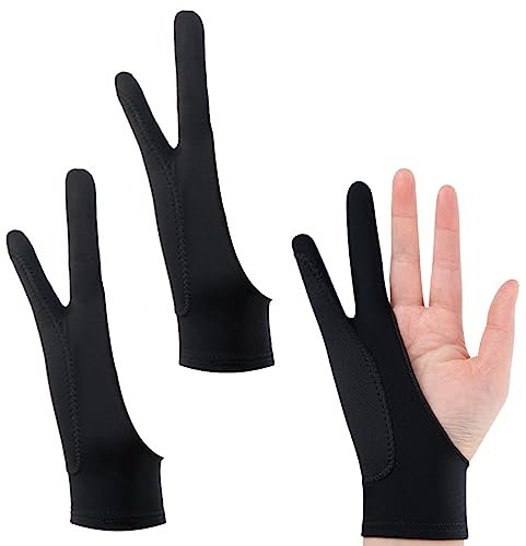 DDKY 2 stück Zeichenhandschuh,Drei Schichten 2 Finger Drawing Glove, Zeichnen Künstler Handschuh für Grafiktablett, Artist Glove Elastisch Antifouling-Handschuh für Rechts und Links, schwarz, (L)