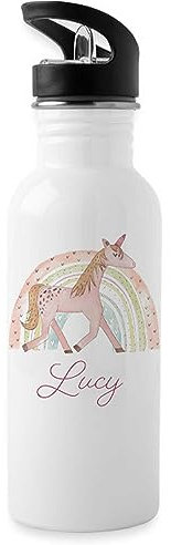 Tigerlilyprints Personalised Water Bottle with Straw, Unicorn Rainbow Girls pink school sports bottle White, Metal, 600 ml, Lightweight,