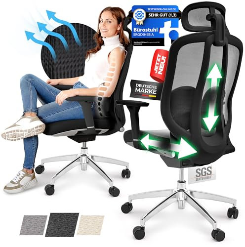 ERGOIHEBIA® Bürostuhl Ergonomisch TESTSIEGER, Schreibtischstuhl [VERSTELLBARE Kopf- und Lendenwirbelstütze] Office Chair Ergonomic mit Armlehnen | Bürostuhl mit Rollen rückenschonend bis150kg Schwarz
