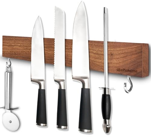 Rekehome Walnut Wood Magnetic Knife Holder with 2 Hooks, 40 cm, Brown, Rustic