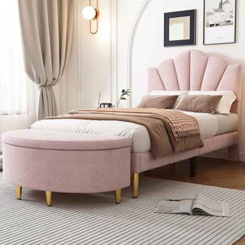 Tcewhhy Polsterbett Muschelartiges Bett Mit Goldenen Eisenbeinen Einzelbett Höhenverstellbares Kopfteil Holz Lattenrost Jugendbett Für Erwachsene Jugendliche Gästebett Rosa 90x200 cm Mit Bank