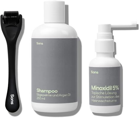 Sons Komplettset für Männer mit Minoxidil 5%, Derma Roller & DHT Blocker Shampoo, fördert Haarwachstum bei Haarausfall & Ausdünnung, stärkt Haarwurzeln & Follikel, 1 Monat