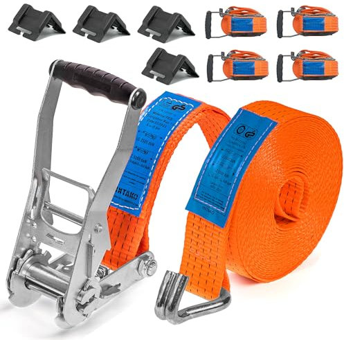 INTAKO Cinghie a Cricchetto Professionali 10m x 5000kg x 50mm - Set di 4 cinghie di fissaggio e 4 angolari di protezione - Fascia con cricchetto da 5 ton per camion - Certificato