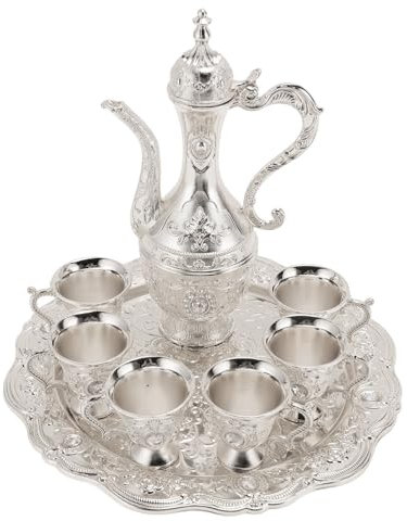 BEIJIALY Weinglas-Krug-Set aus Metall, Weinglas-Topf-Set aus Legierung, Weinkaraffe und Gläser-Set, Rostfrei, Exquisites Dekoratives Vintage-Kaffeekannen-Set mit Tablett für Party, Hochzeit(Silber)