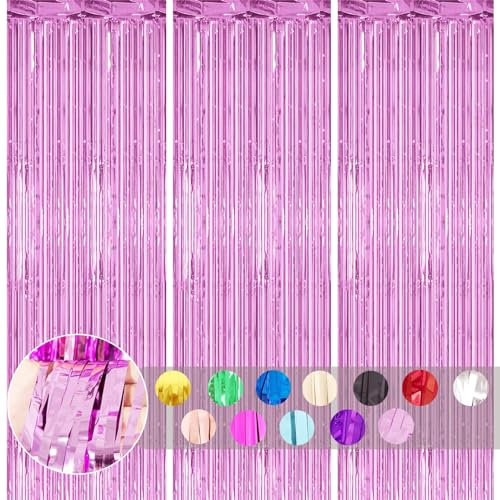 3pcs Tinsel Curtain Pastel Pink Glitter Foil Door Backdrop, 3.2ftx6.5ft Fringe Shimmer Decorations for Girls Birthday Unicorn Mermaid Fairy Princess Party
