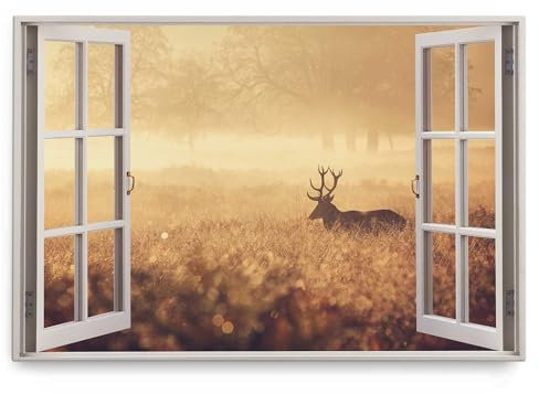 Paul Sinus Wandbild 120x80cm Fensterbild Morgentau Hirsch Natur Waldrand Nebel