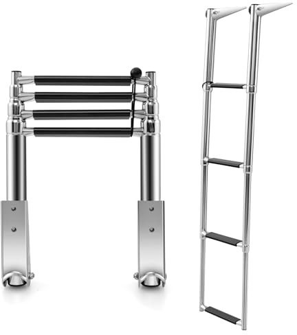 GYMAX Scala Telescopica in Acciaio Inox a 4 Gradini per Barca Pontone, Scala Piattaforma di Nuoto con Gradini Antiscivolo, Scala Estensibile Pieghevole per Barca, Carico di 227 kg