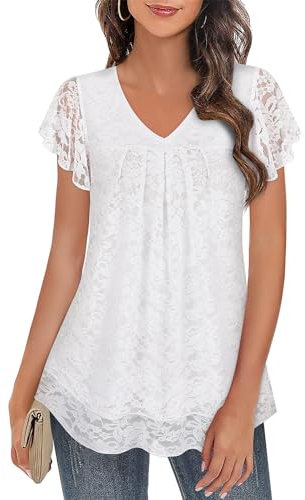 Plus Size Clothing for Women Women's Blouses Ruffle Lace Tops Short Sleeve Ladies Going Out Tops Womens Blouse Ladies V Neck Evening Tops Ladies Summer Tops White