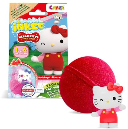 INKEE Hello Kitty - Badebombe Kinder mit Überraschung - 1 von 6 Hello Kitty Figuren zum Sammeln - Badekugel 80g mit Wassermelone-Aroma und Jojobaöl, Rosa oder Rot
