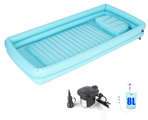 LANGSTON Nachttisch-Dusche-aufblasbare Badewannen-Ausrüstung, aufblasbares PVC-Körperwaschbett, mit Duschwasserbeutel und Luftpumpe, Luftkissen für ältere Menschen, Schwangere,Blau