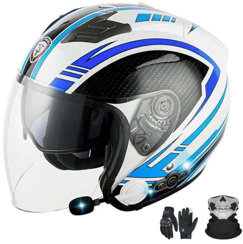 GNIUBBDB Casco Jet Bluetooth Casco Moto Certificazione ECE Casco Bluetooth Integrato Casco Jet Scooter Casco Scooter Casco Jet Uomo Donna con Doppia Visiera G,XL (61-62cm)
