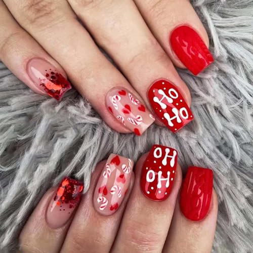 Christmas Stick on Nails - 24PCS Red False Nails - Christmas Style Fake Nails with Letter & Paillette Pattern - Glossy Full Cover False Nails with Glue Nail Art Gifts for Women