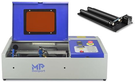 Monport 40W CO2 Laser Graviermaschine mit Rotary, 300x200mm Kommerzieller Lasergravierer Laser Gravurmaschine mit Luftunterstützung, CO2 Laser Cutter für Metall, Silver, Leder,Mood