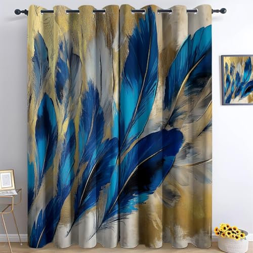 Vorhänge Blickdichte mit Ösen Gardinen 2er Set Elegante Textur Vögel Verdunkelungsvorhang Blau Gold Thermovorhang Ösenvorhang Schiebevorhänge für Schlafzimmer Wohnzimmer B 140 x H 160 cm