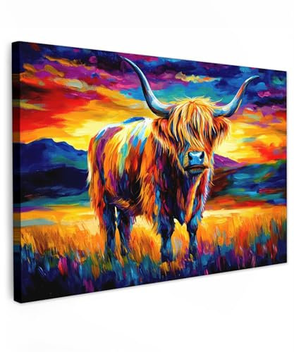 MuchoWow© Wandbilder Groß 120x80 cm XXL Wohnzimmer Wanddeko Schlafzimmer Zimmerdeko Wandgemälde Zimmer Deko auf Wand Dekoration Wall Art Schottische Hochlandrind - Kunst - Kuh - Tiere - Landschaft