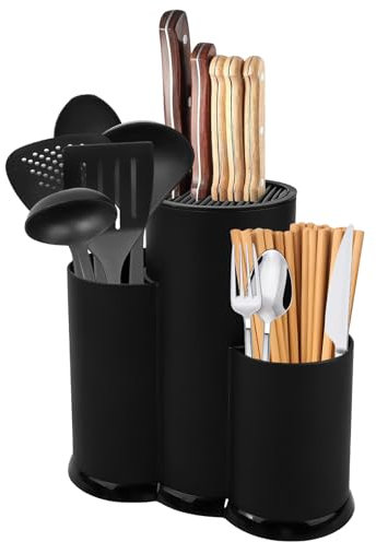 WANDGU Bloc à couteaux 3 en 1 sans couteau : 23 x 22 cm - Noir - Universel - Porte-couteaux rond - Porte-ustensiles - Bloc à couteaux vide - Ustensiles - Ustensiles de cuisine
