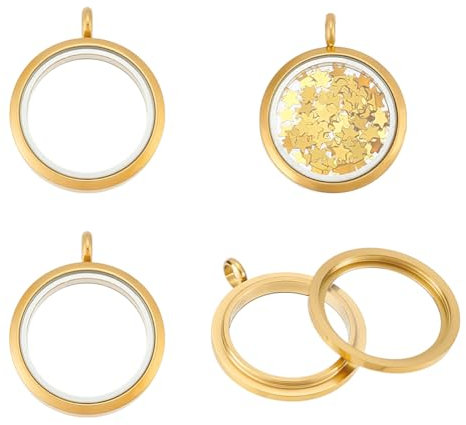 UNICRAFTALE 4 Stück Schwimmender Medaillon Anhänger Edelstahl Kristall Bilderrahmen Medaillon Anhänger Golden Flach Rund Glas Schwimmenderanhänger Für Die Herstellung Halsketten