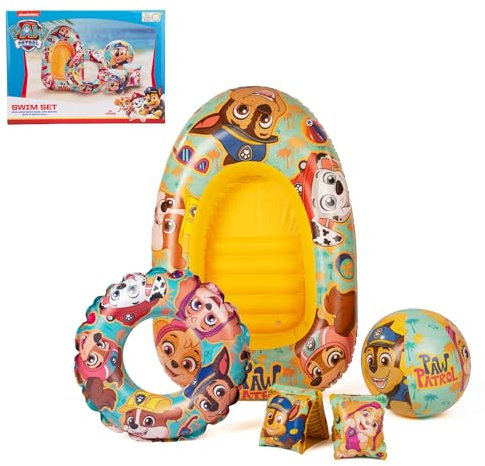 Paw Patrol Aufblasbares Schwimmset | Armbänder, Schwimmring, Strandball und Schlauchboot | Tragbares Urlaubs-Schwimmbad, Strand, Schwimmset | Sommer-Pool-Party für Kinder ab 3 Jahren