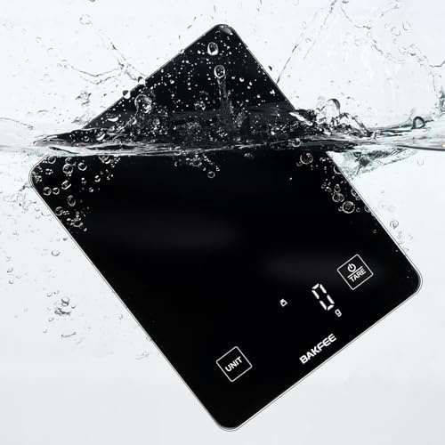 BakFee 10kg Rechargeable Digital Kitchen Scale, IP67 Waterproof Food Scale with 1g Precision, USB Rechargeable, LED Display, Tempered Glass Surface, for Baking, Cooking, Making Sourdough Bread. Black