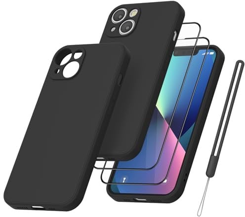 Meliya Coque pour iPhone 13 avec 2 Pieces Verres Trempés et 1 Cordon, Coque Antichoc avec Protection des Caméras, Étui en Silicone avec Doublure en Microfibre Souple (Noir, iPhone 13)