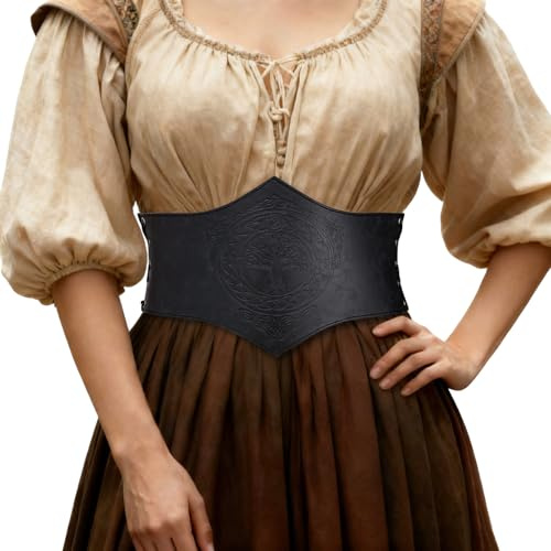 HiiFeuer Cintura a corsetto in ecopelle in stile medievale, Corsetto rinascimentale sotto il seno cinchere regolabile a vita larga per le fiere rinascimentali(Nero A)