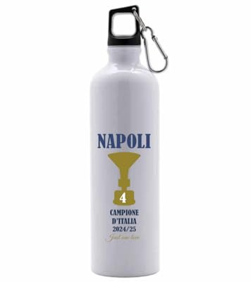 Generico Borraccia Celebrativa Napoli Campione d'Italia 2024/25, 750 ml, con Moschettone, Stampa in rilievo, Bianca