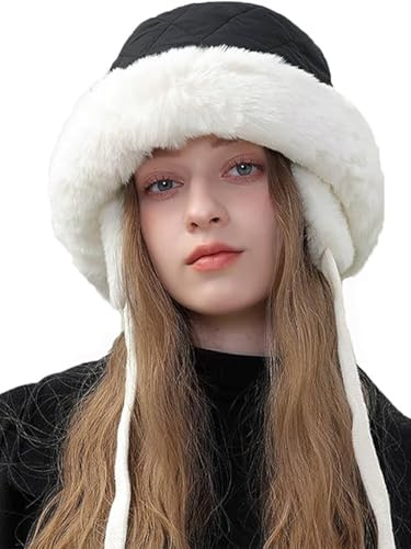 JFAN Winter Damen Fischerhüte Plüsch Winter Kunstpelz Cloche Hut mit Fleece Futter Warm Flauschige Eimer Hut mit Kälte-Ohrenschützer und Verstellbare Schnürung,Schwarz