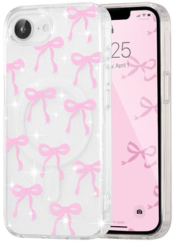 UEEBAI Magnetisch Hülle für iPhone 17e/iPhone 16e, Niedliche Glitter Tansparent Handyhülle mit Schleife Schutzhülle mit Kabelloses Laden, Weiche Bumper Cover Case für Frauen Mädchen, Glitzer Rosa