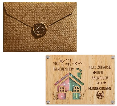VOYANTE Einzugsgeschenke Wohnung Holzkarte mit Umschlag, Hauseinweihung Umzug Geschenk, Wunscherfüller Geldgeschenke Verpackung, Gutschein Holz Karte zum Einzug im Neuen Zuhause