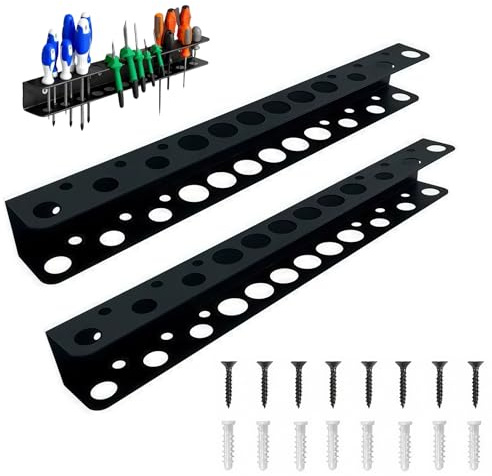 Rdunulioo Pro-Grade 2 Pcs Steel Tool Organiser Wall Mounted, 40cm Heavy-Duty Steel Wall Mounted Tool Rack - 18 Slot Screwdriver & Pliers Holder for Workshop, Garage, Shed Tools (Black)