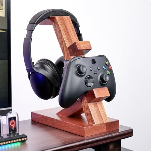 Gettimore Holz Gaming Controller und Kopfhörer Ständer Halter PS5, für PS4, für Xbox Series X, One und Nintendo Switch, 2-stöckiges Design mit Anti-Rutsch-Pads