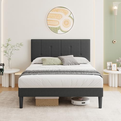 Vesgantti 4FT Small Double Bed Frame with Adjustable Headboard | Solid Wooden Slats & Upholstered Platform, Easy Assembly, Noise-Free, Under Bed Storage, 120 x 190 cm,Dark Grey