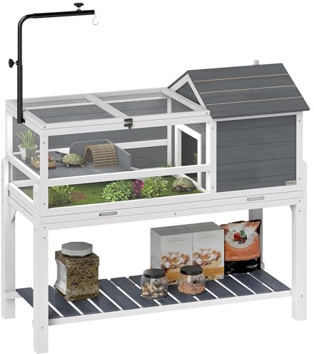 PawHut Casa para Tortugas de Madera, Terrario para Reptiles con Soporte para Lámpara Ajustable, Techos Abatibles, Bandeja Extraíble, Estante de Almacenaje y Paneles Transparentes, Caseta para Tortugas