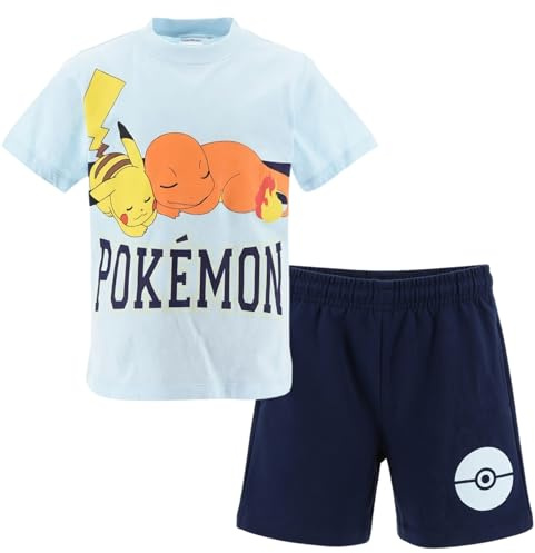 Pokémon Jungen Pyjama Set Kurzarm T-Shirt & Hose, Kinder Schlafanzug, Sommer mit Pikachu & Glumanda, Baumwolle Schlafi Nachtwäsche Outfit (DE/NL/SE/PL, Numerisch, 104, Regular, Hellblau)