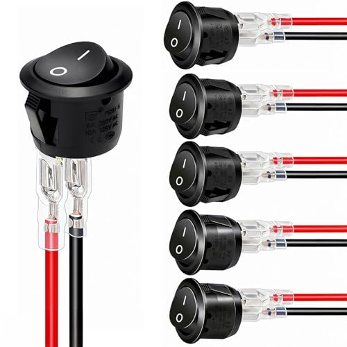 AmiCera 6 Stück Kippschalter 12V, Kippschalter mit Draht 15cm, Runder Selbstsichernder, 12V/10A/230V 2-Polig EIN/AUS Rund Schalter für Auto, Wohnmobil, Motorrad & Haushaltsgeräte (Schwarz)