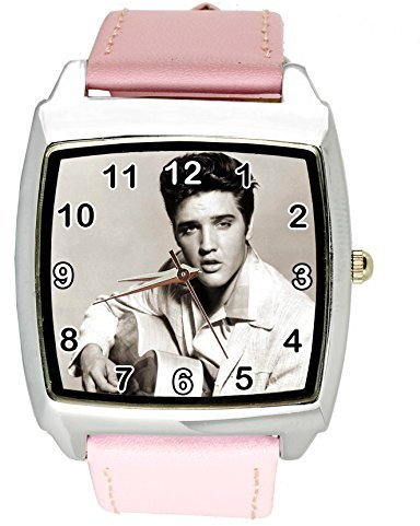 taport® Elvis Presley Music Legend Quarz Square Armbanduhr Pink Echt Leder Band E4 Zifferblatt + Gratis Ersatz Batterie + Gratis Geschenkverpackung