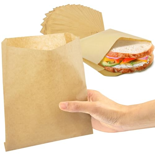Fit Meal Prep 200 Pack Paper Sandwich Bags 7 x 6”, Greaseproof Snack Bags, Unbleached Pastry Bag, Recyclable Small Brown Paper Bags, Cookie Sleeves, Food Packing for Bakery, Donuts, Bagels